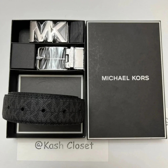 Michael Kors Mens Belt Set 4 in 1 Reversible MK Signature Gift Box Black - Picture 1 of 7